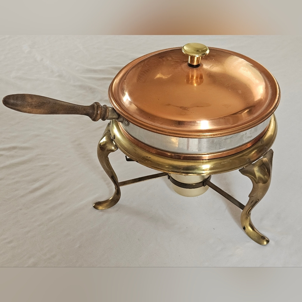 Chafing Dish Copper Aluminum Brass Wood Vtg Fondue Buffet Banquet Catering